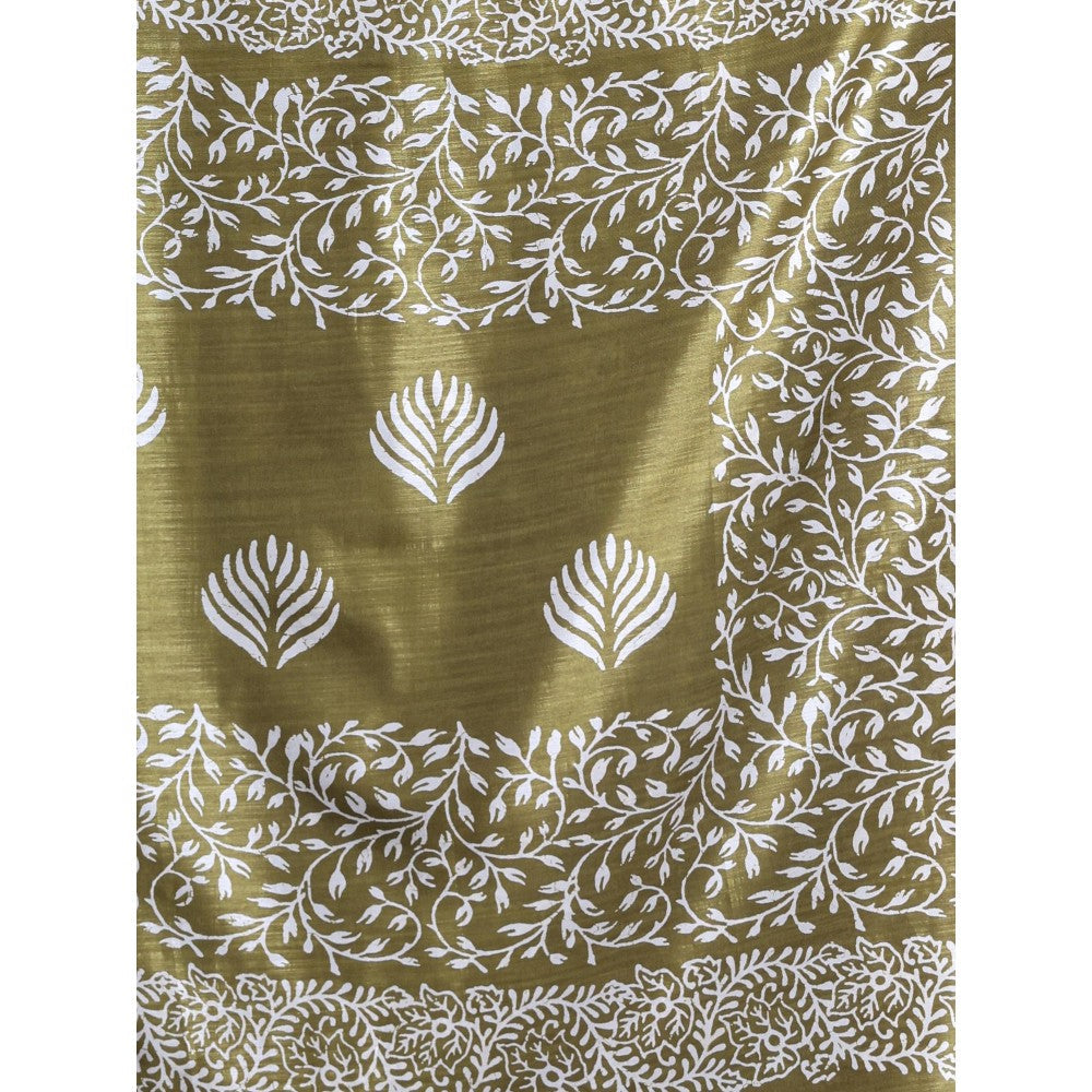 CHARUKRITI Green Silk Soft Printed Saree with Unstitched Blouse