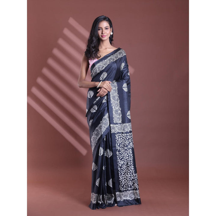 CHARUKRITI Black Silk Soft Printed Saree with Unstitched Blouse