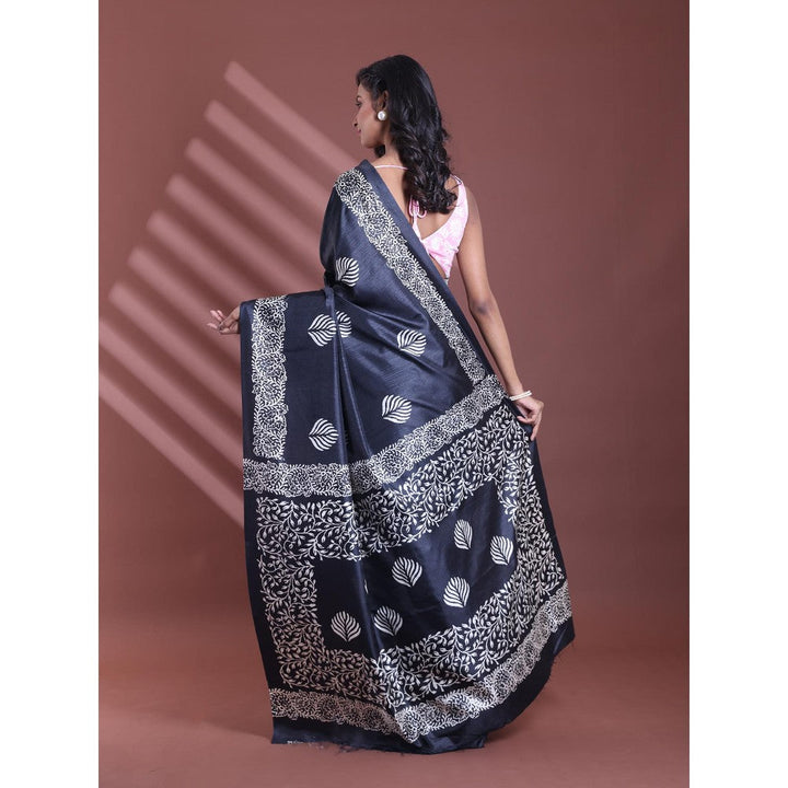 CHARUKRITI Black Silk Soft Printed Saree with Unstitched Blouse