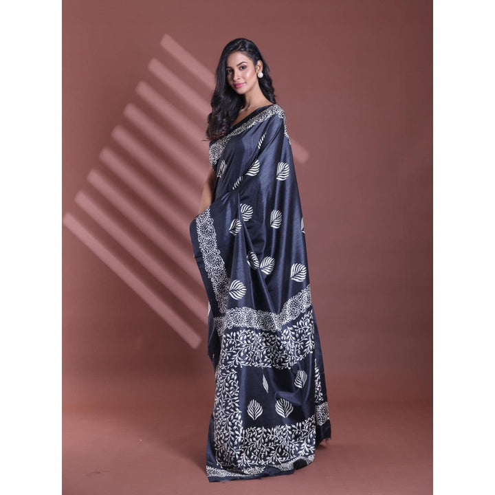 CHARUKRITI Black Silk Soft Printed Saree with Unstitched Blouse