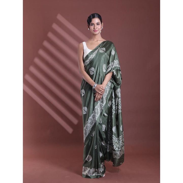 CHARUKRITI Fern Green Silk Soft Printed Saree with Unstitched Blouse