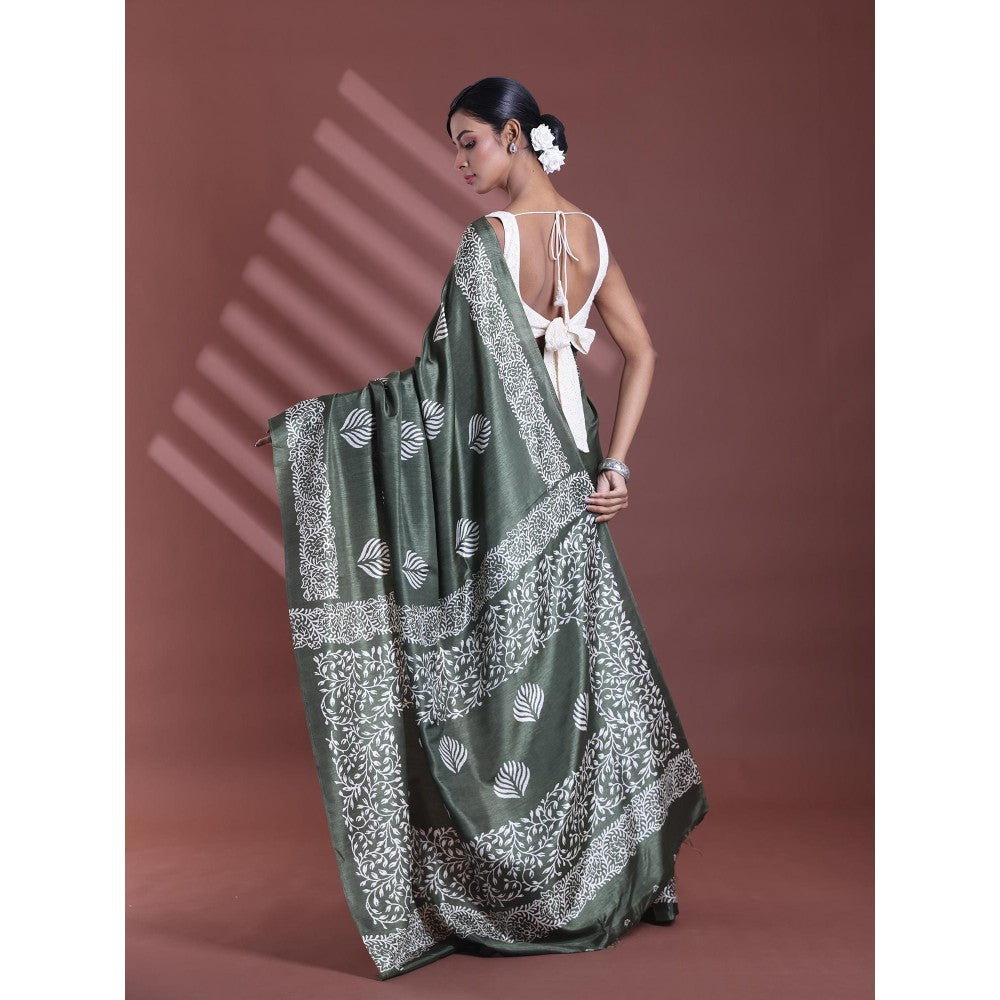 CHARUKRITI Fern Green Silk Soft Printed Saree with Unstitched Blouse