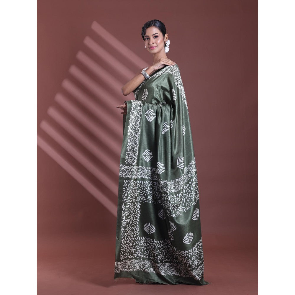 CHARUKRITI Fern Green Silk Soft Printed Saree with Unstitched Blouse