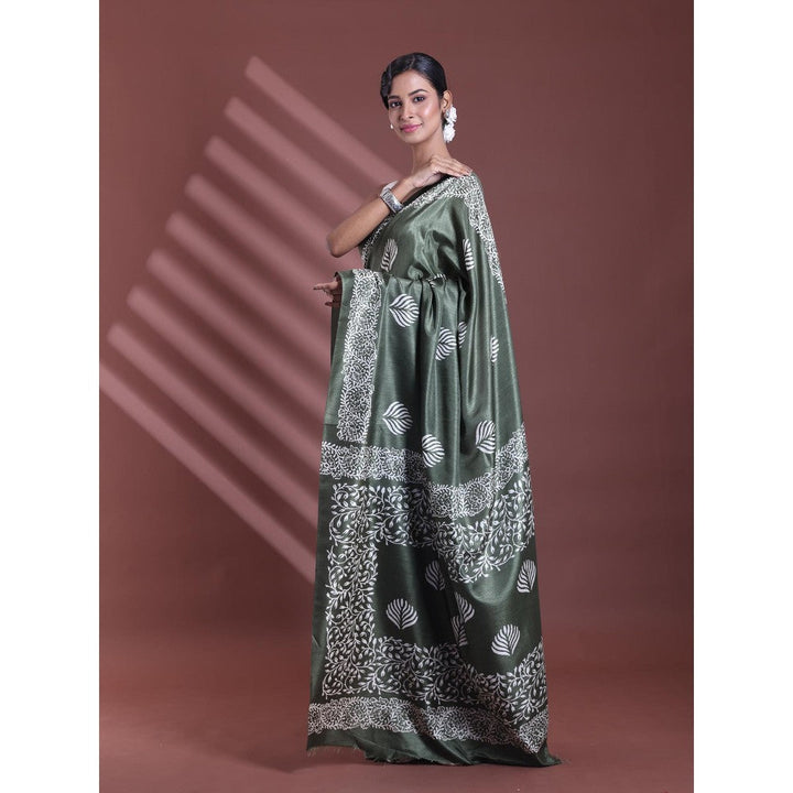 CHARUKRITI Fern Green Silk Soft Printed Saree with Unstitched Blouse