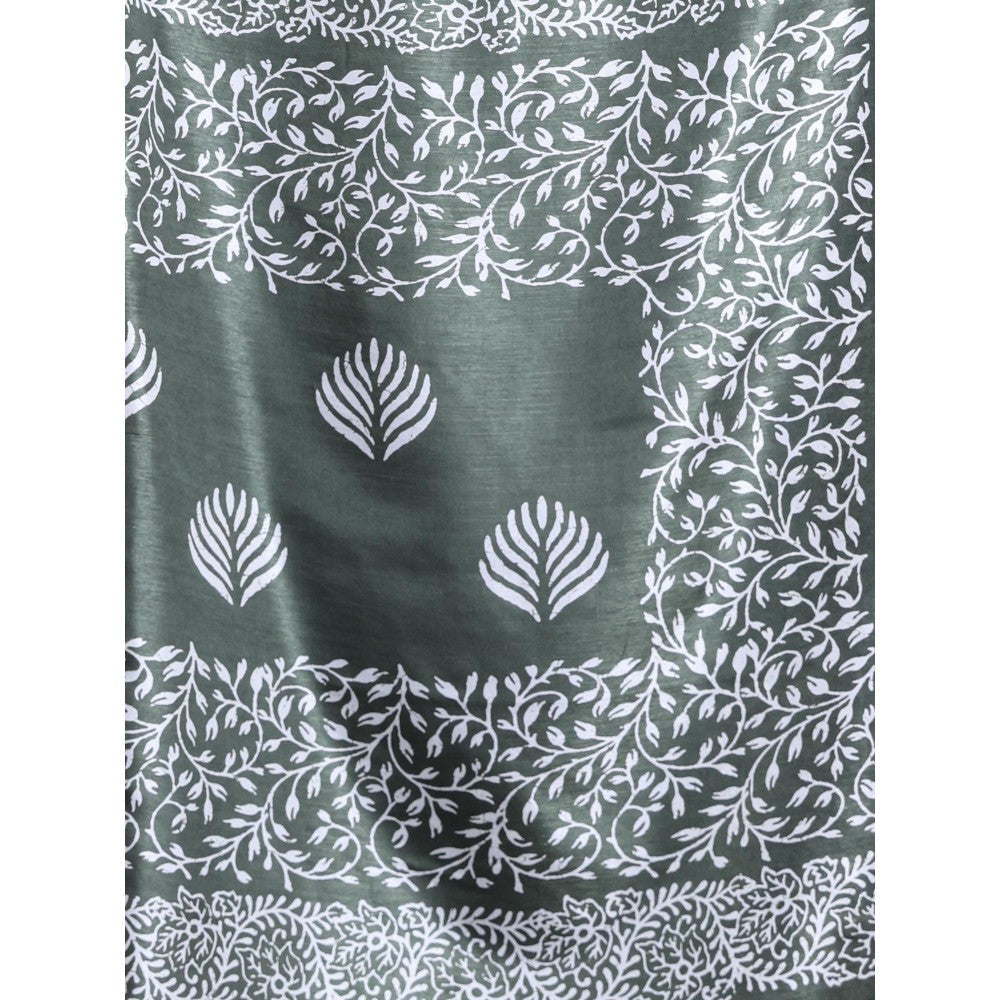 CHARUKRITI Fern Green Silk Soft Printed Saree with Unstitched Blouse