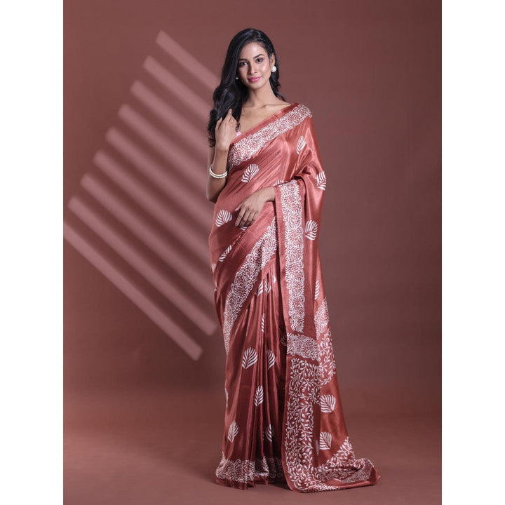 CHARUKRITI Brown Silk Soft Printed Saree with Unstitched Blouse