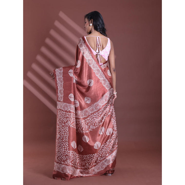 CHARUKRITI Brown Silk Soft Printed Saree with Unstitched Blouse