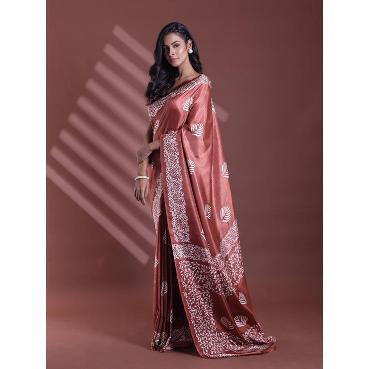 CHARUKRITI Brown Silk Soft Printed Saree with Unstitched Blouse