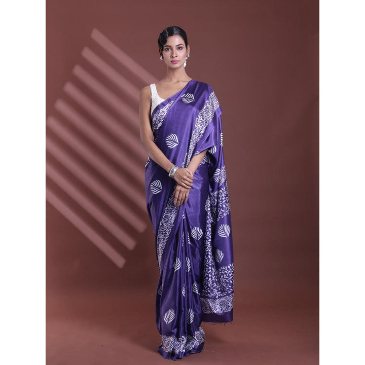 CHARUKRITI Navy Blue Silk Soft Printed Saree with Unstitched Blouse