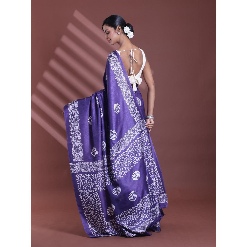 CHARUKRITI Navy Blue Silk Soft Printed Saree with Unstitched Blouse