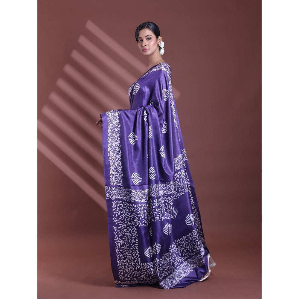 CHARUKRITI Navy Blue Silk Soft Printed Saree with Unstitched Blouse