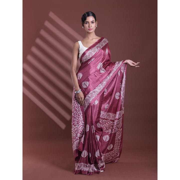 CHARUKRITI Magenta Silk Soft Printed Saree with Unstitched Blouse