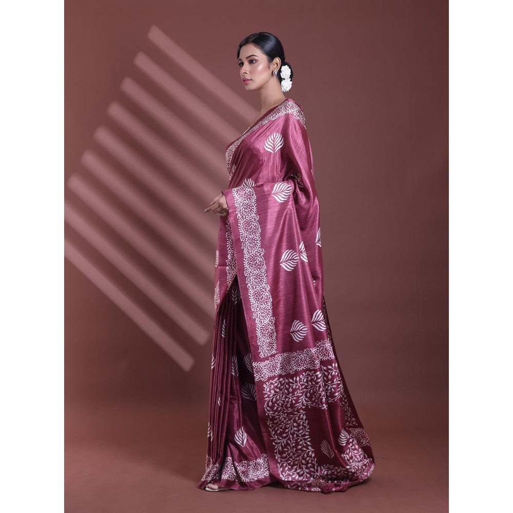 CHARUKRITI Magenta Silk Soft Printed Saree with Unstitched Blouse