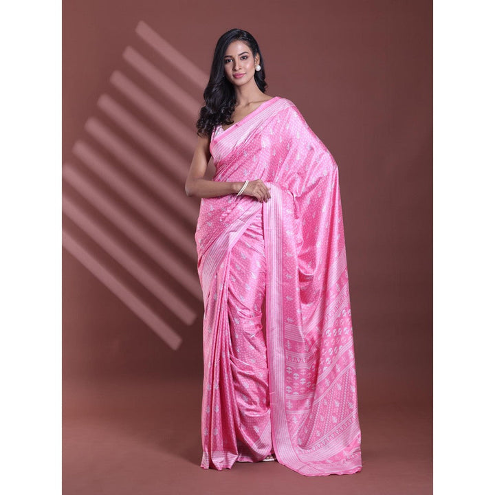 CHARUKRITI Pink Silk Soft Printed Saree with Unstitched Blouse