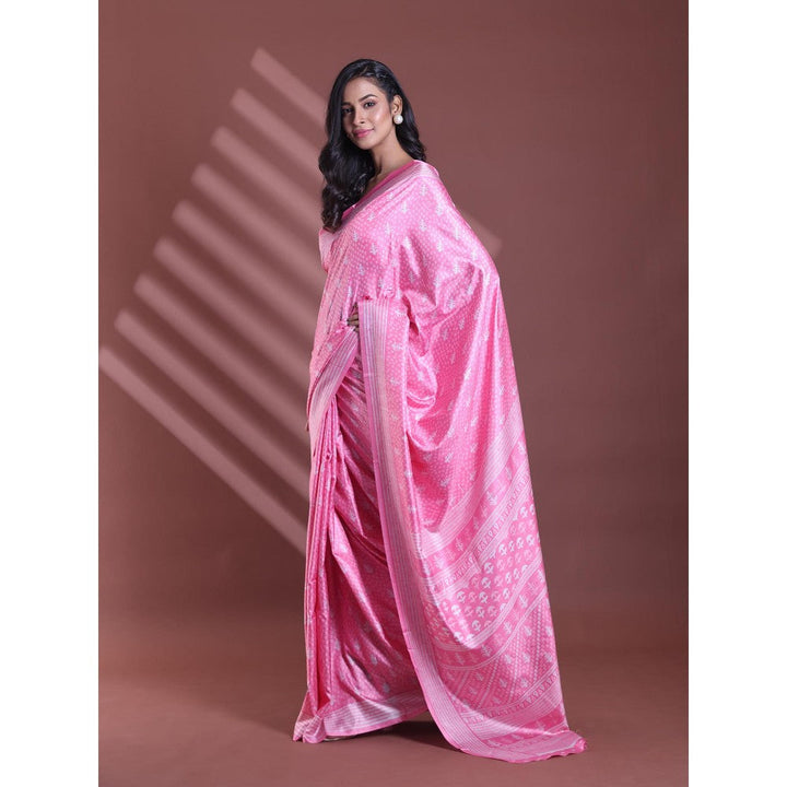 CHARUKRITI Pink Silk Soft Printed Saree with Unstitched Blouse