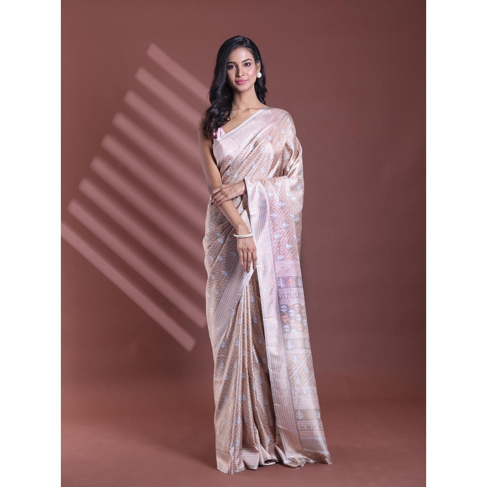 CHARUKRITI Ecru Silk Soft Printed Saree with Unstitched Blouse