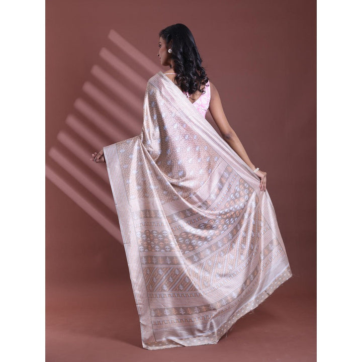 CHARUKRITI Ecru Silk Soft Printed Saree with Unstitched Blouse