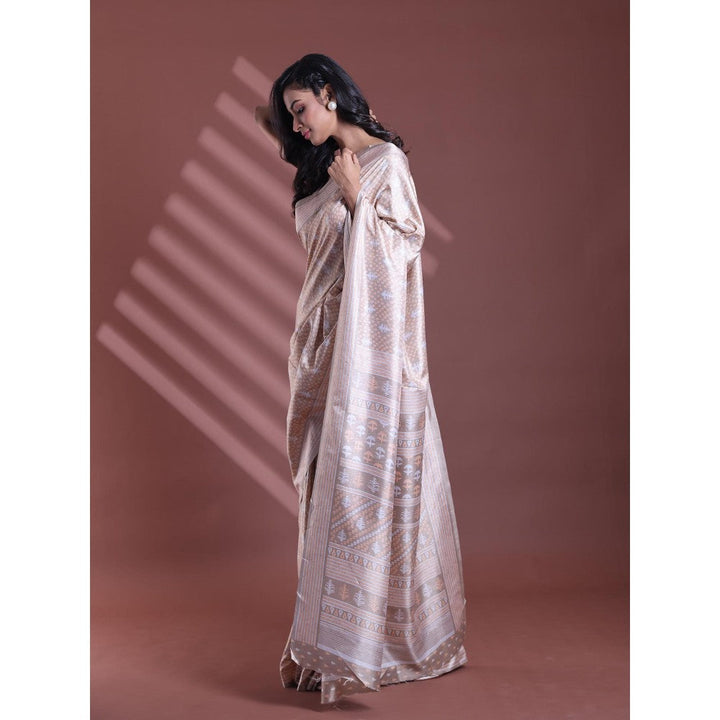 CHARUKRITI Ecru Silk Soft Printed Saree with Unstitched Blouse