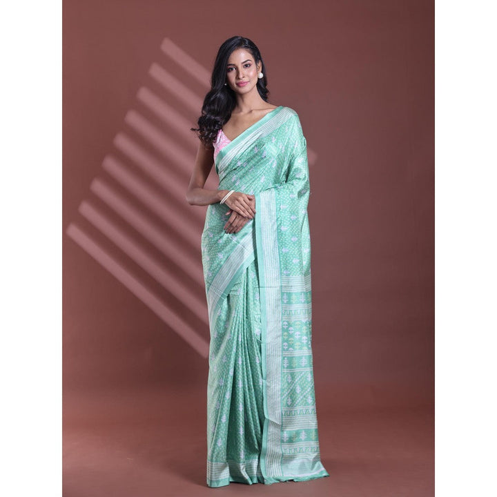 CHARUKRITI Light Green Silk Soft Printed Saree with Unstitched Blouse