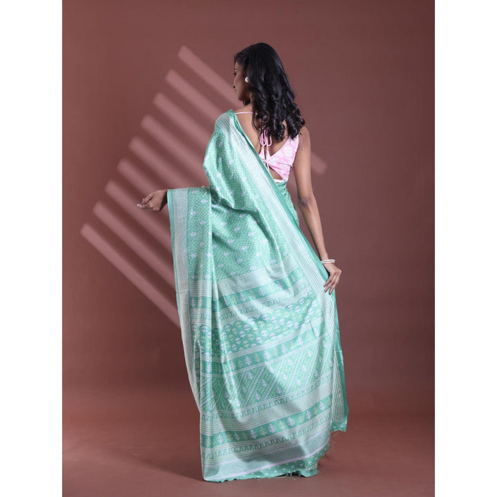 CHARUKRITI Light Green Silk Soft Printed Saree with Unstitched Blouse