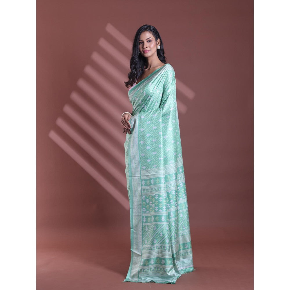 CHARUKRITI Light Green Silk Soft Printed Saree with Unstitched Blouse