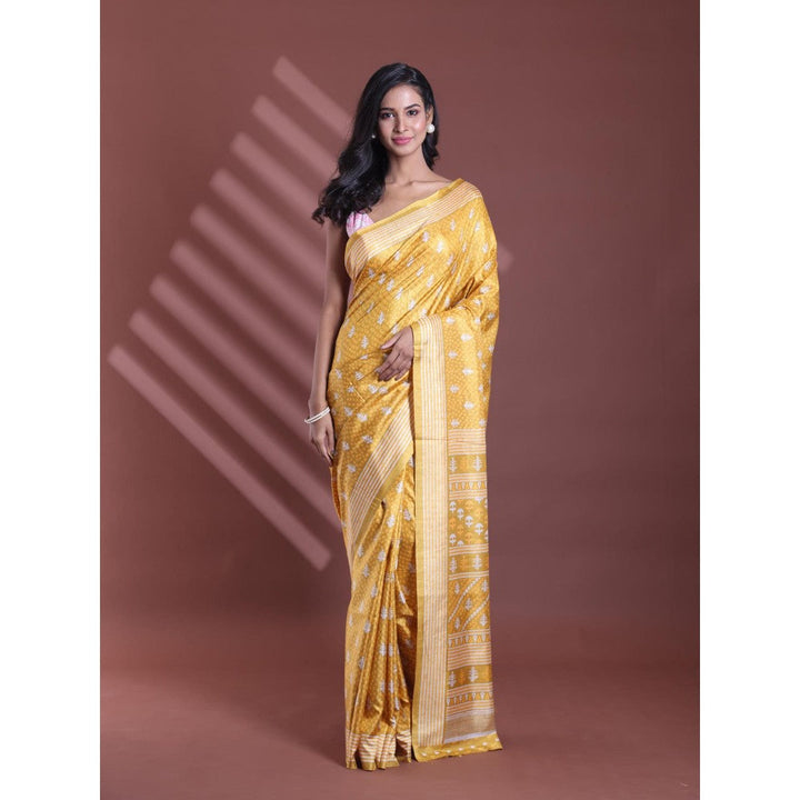 CHARUKRITI Mustard Silk Soft Printed Saree with Unstitched Blouse