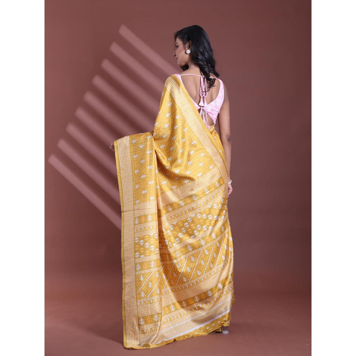 CHARUKRITI Mustard Silk Soft Printed Saree with Unstitched Blouse