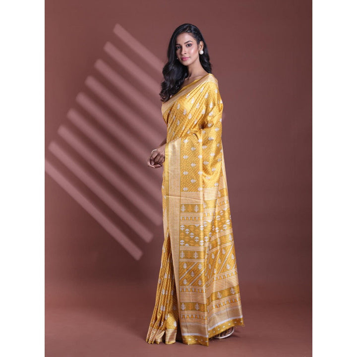 CHARUKRITI Mustard Silk Soft Printed Saree with Unstitched Blouse