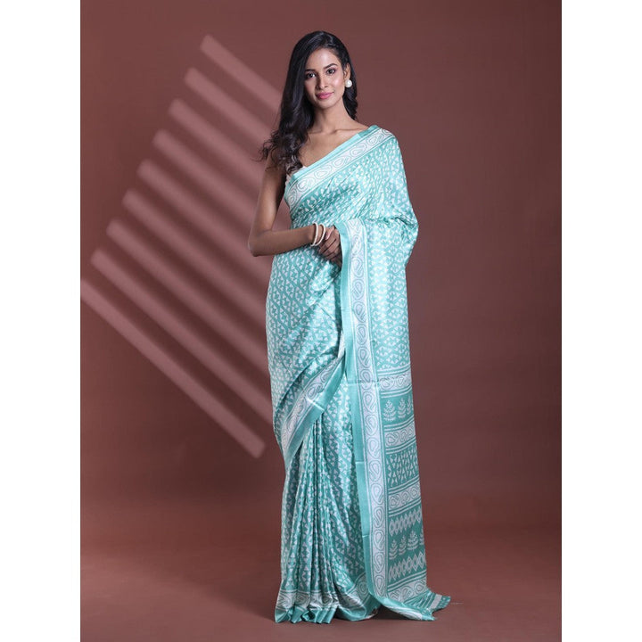 CHARUKRITI Sky Blue Silk Soft Printed Saree with Unstitched Blouse