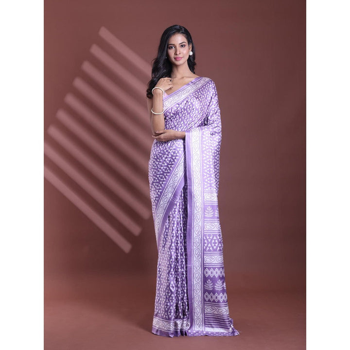 CHARUKRITI Violet Silk Soft Printed Saree with Unstitched Blouse