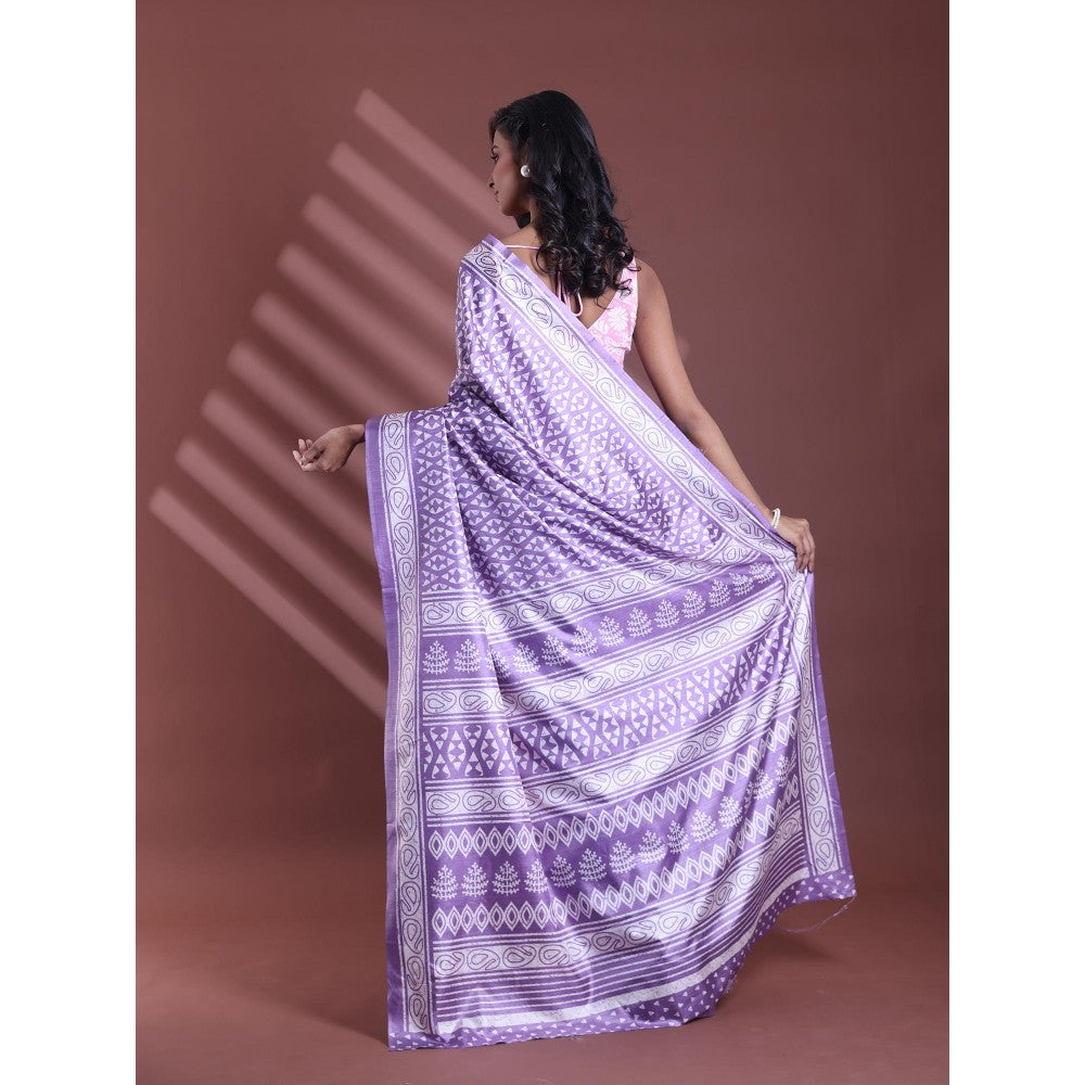 CHARUKRITI Violet Silk Soft Printed Saree with Unstitched Blouse