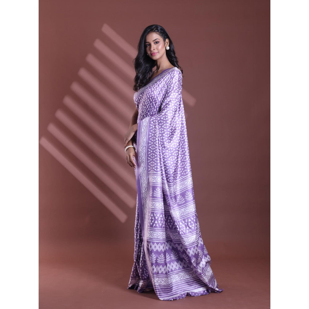 CHARUKRITI Violet Silk Soft Printed Saree with Unstitched Blouse