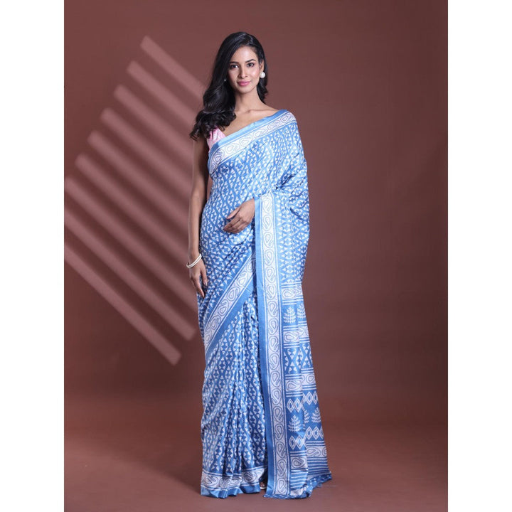 CHARUKRITI Sapphire Blue Silk Soft Printed Saree with Unstitched Blouse