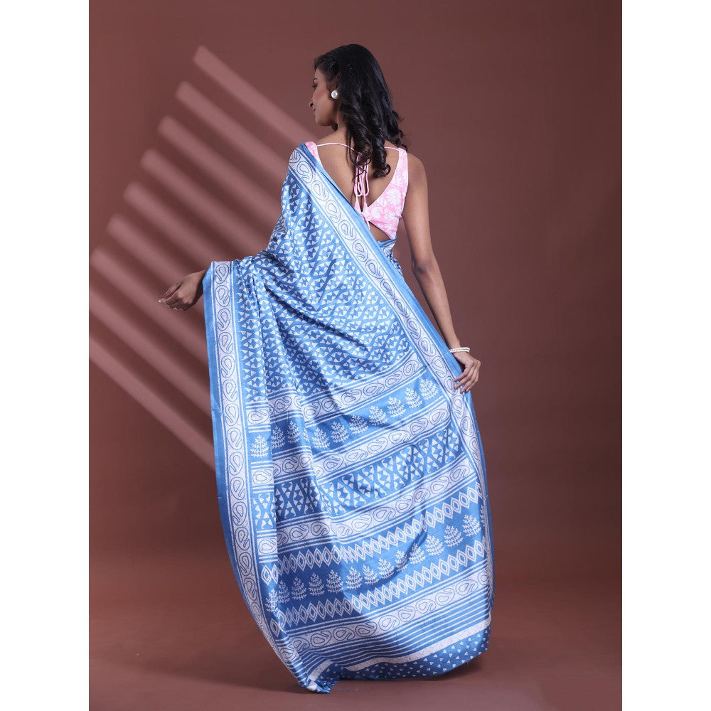 CHARUKRITI Sapphire Blue Silk Soft Printed Saree with Unstitched Blouse