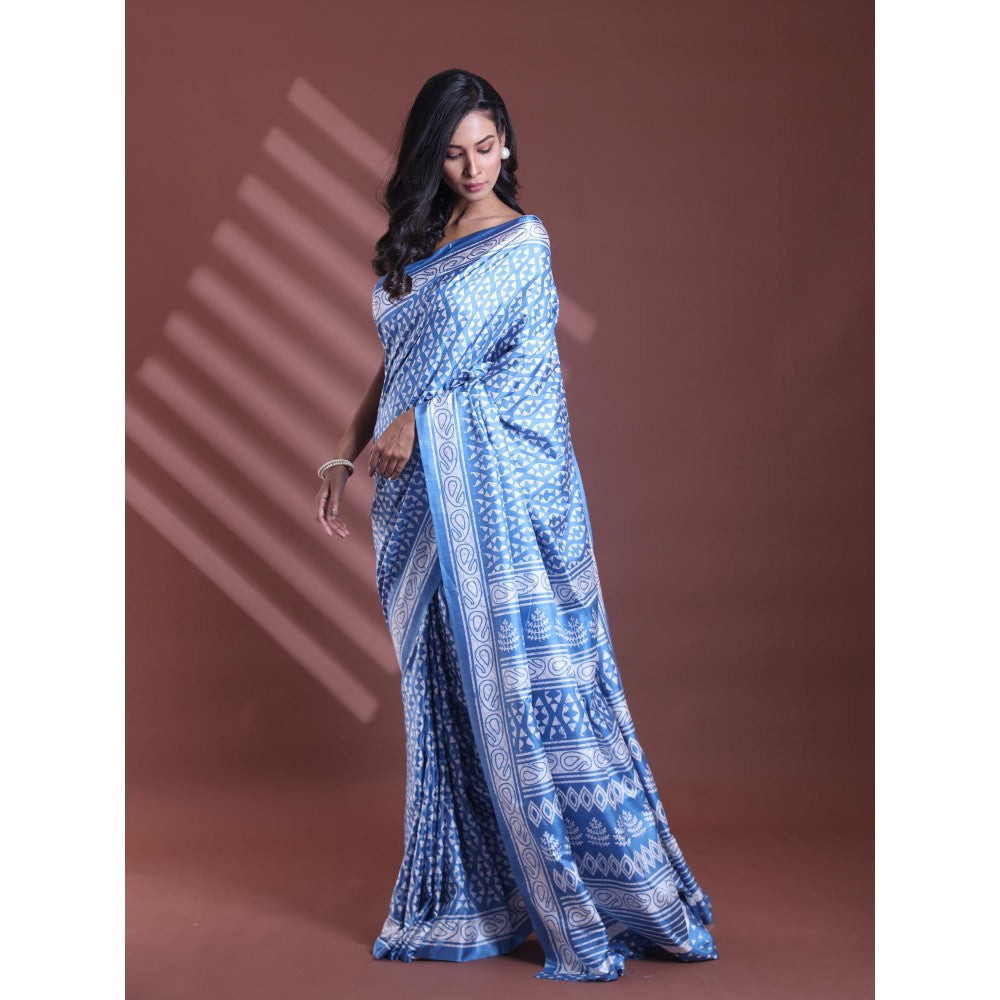 CHARUKRITI Sapphire Blue Silk Soft Printed Saree with Unstitched Blouse