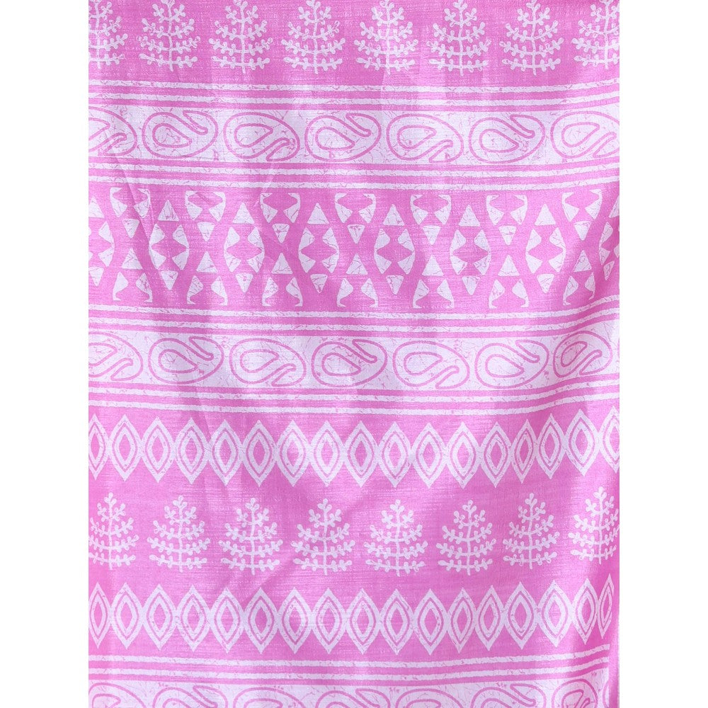 CHARUKRITI Pink Silk Soft Printed Saree with Unstitched Blouse