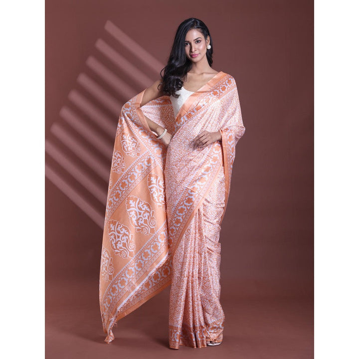 CHARUKRITI Orange Silk Soft Floral Print Saree with Unstitched Blouse