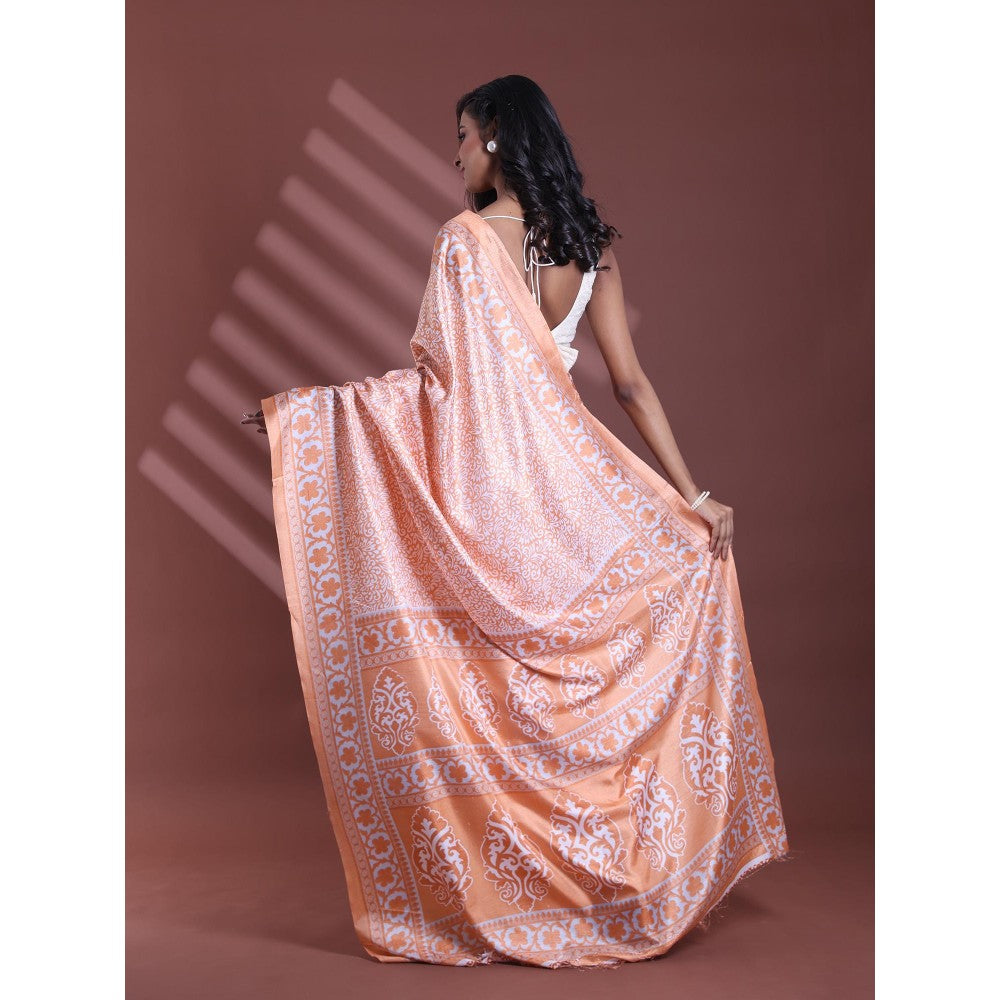 CHARUKRITI Orange Silk Soft Floral Print Saree with Unstitched Blouse