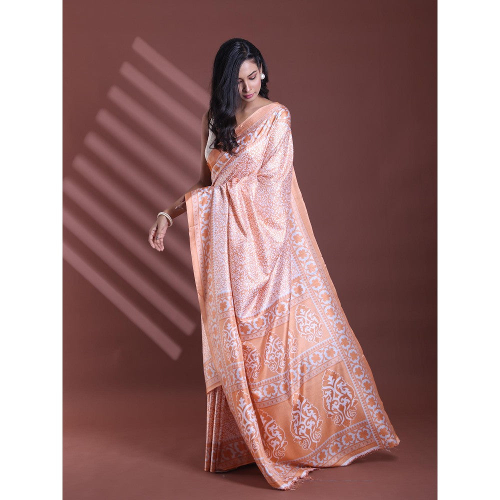 CHARUKRITI Orange Silk Soft Floral Print Saree with Unstitched Blouse