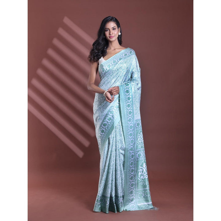 CHARUKRITI Mint Green Silk Soft Floral Print Saree with Unstitched Blouse