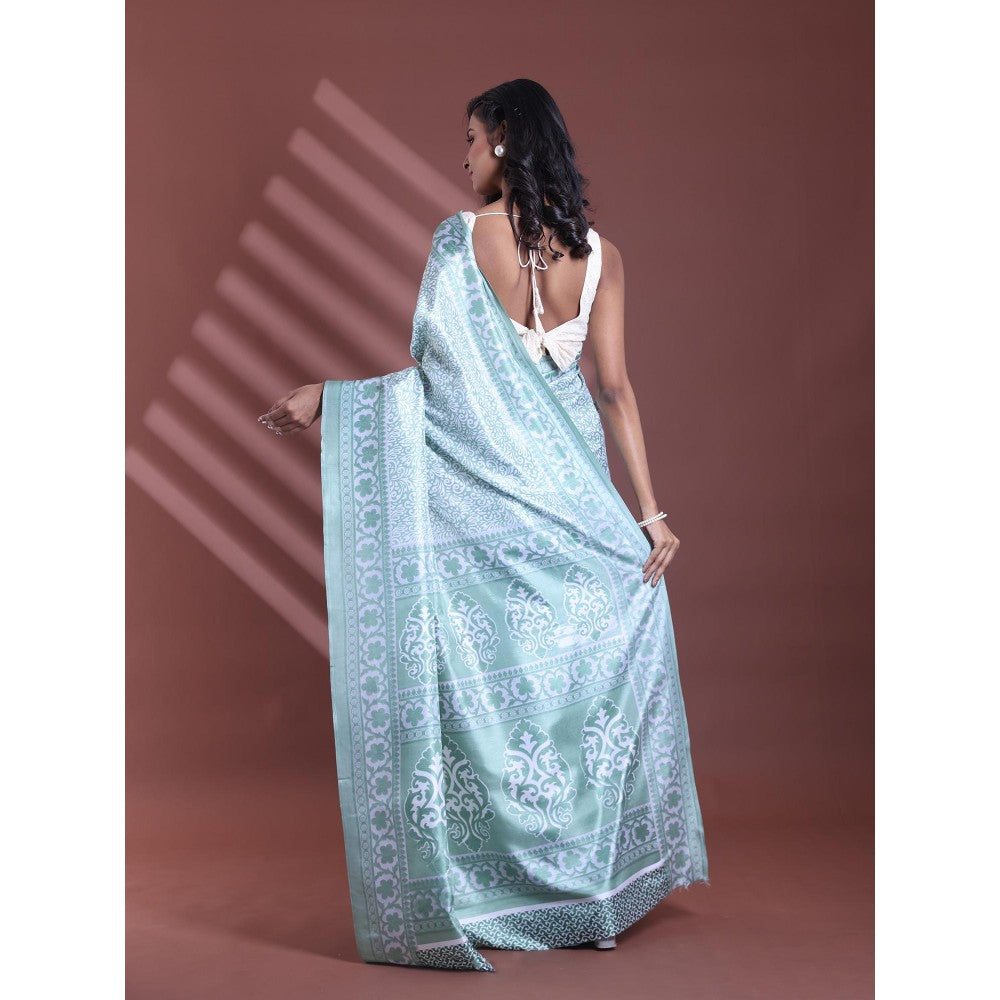 CHARUKRITI Mint Green Silk Soft Floral Print Saree with Unstitched Blouse