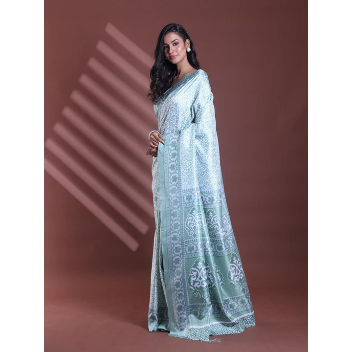 CHARUKRITI Mint Green Silk Soft Floral Print Saree with Unstitched Blouse