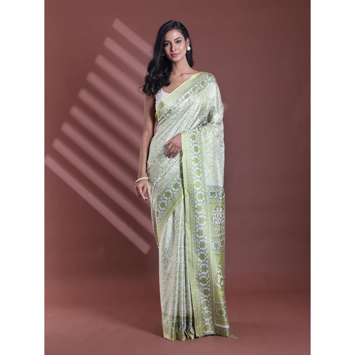 CHARUKRITI Lime Green Silk Soft Floral Print Saree with Unstitched Blouse