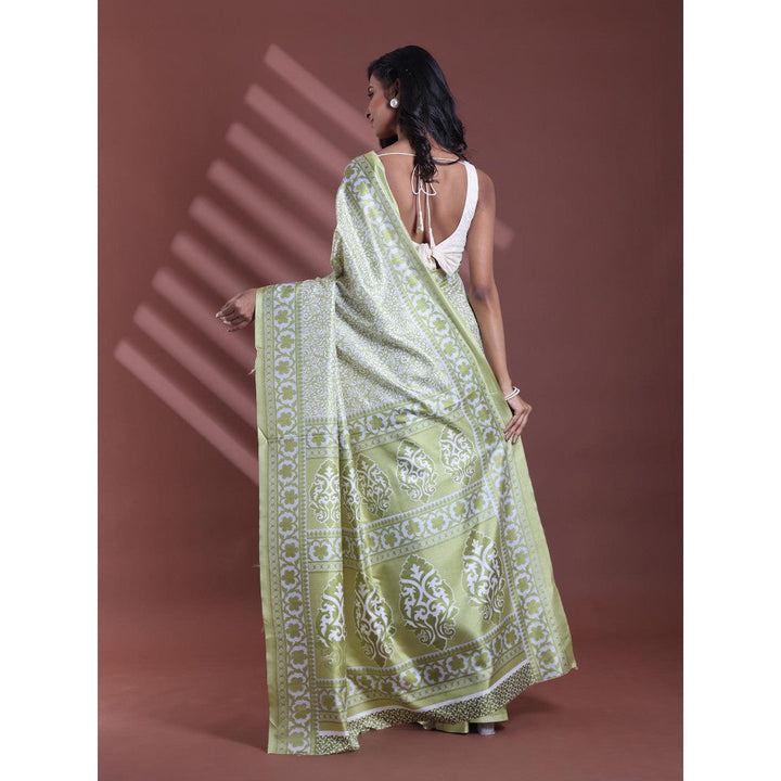 CHARUKRITI Lime Green Silk Soft Floral Print Saree with Unstitched Blouse