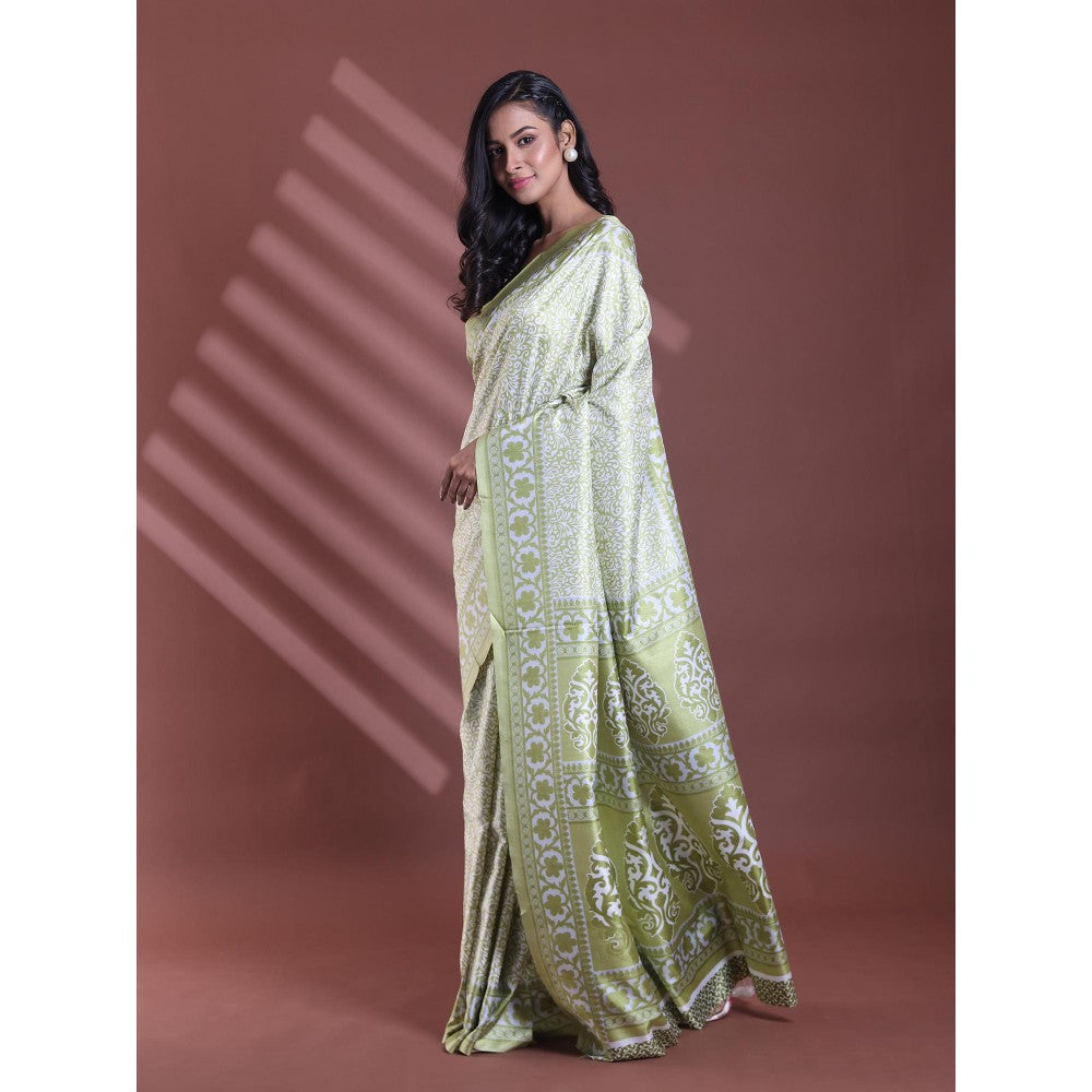 CHARUKRITI Lime Green Silk Soft Floral Print Saree with Unstitched Blouse