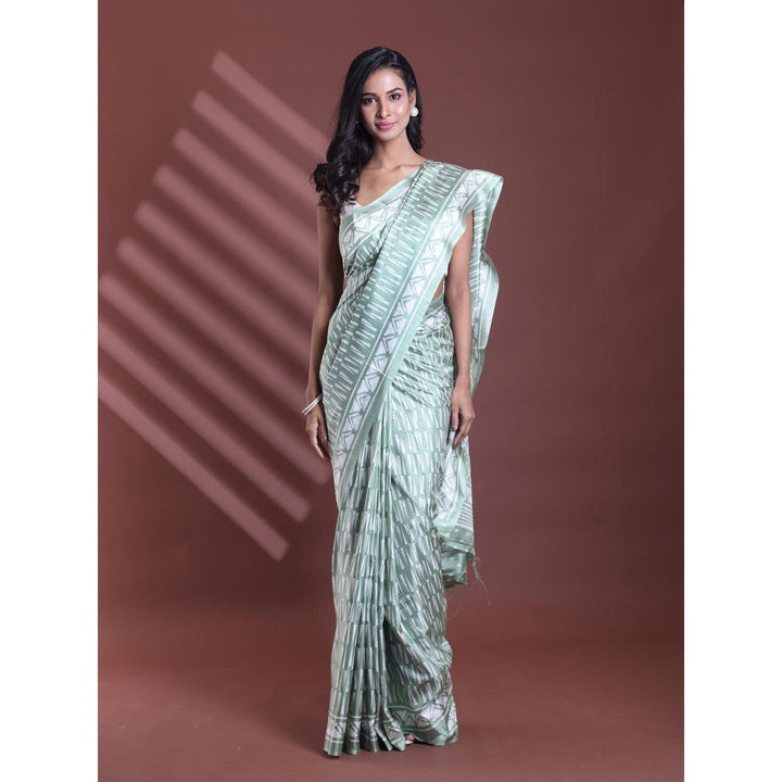 CHARUKRITI Mint Green Silk Soft Print Saree with Unstitched Blouse