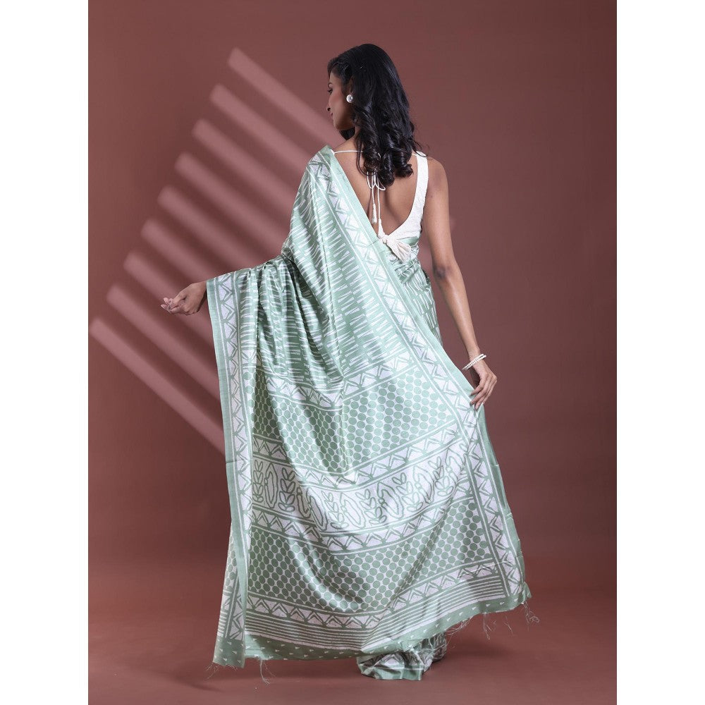 CHARUKRITI Mint Green Silk Soft Print Saree with Unstitched Blouse