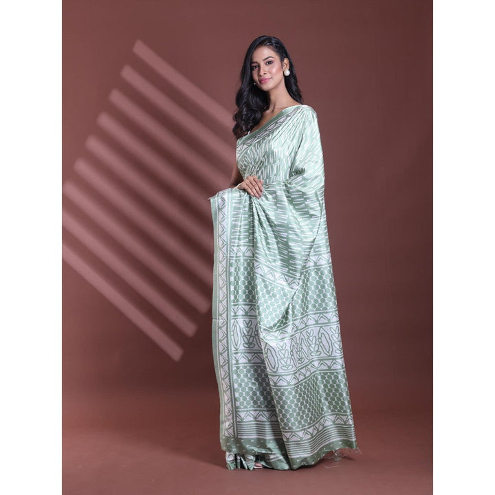 CHARUKRITI Mint Green Silk Soft Print Saree with Unstitched Blouse