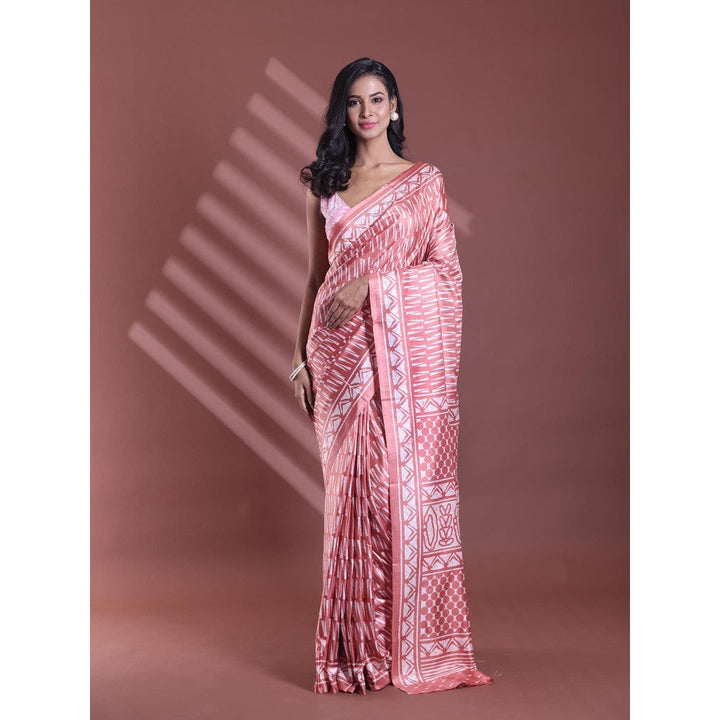 CHARUKRITI Blush Peach Silk Soft Print Saree with Unstitched Blouse