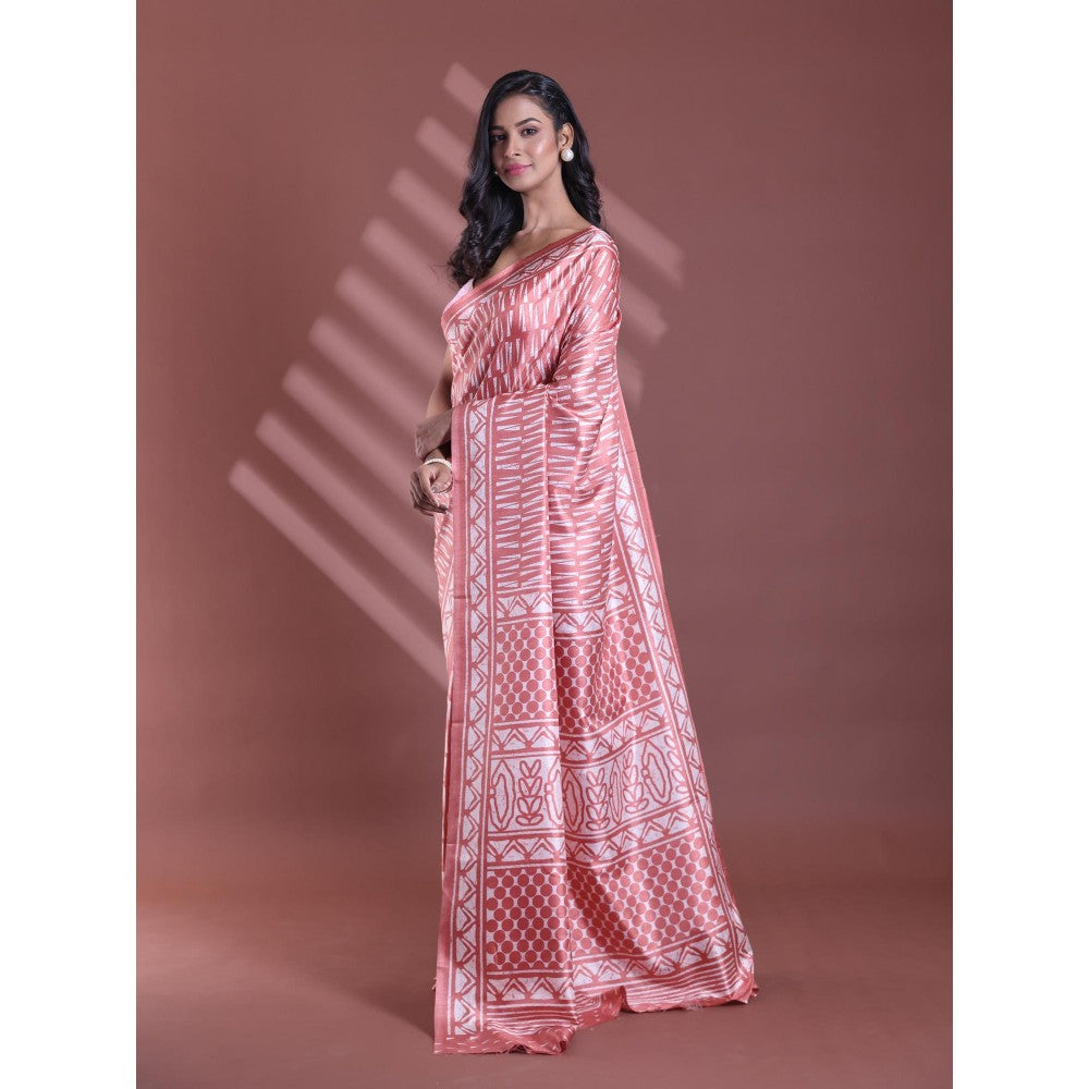 CHARUKRITI Blush Peach Silk Soft Print Saree with Unstitched Blouse